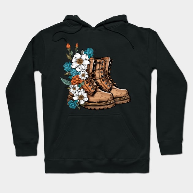 Blooming Boots: Nature's Style Inspiring Wanderlust Adventures Hoodie by TeeTopiaNovelty